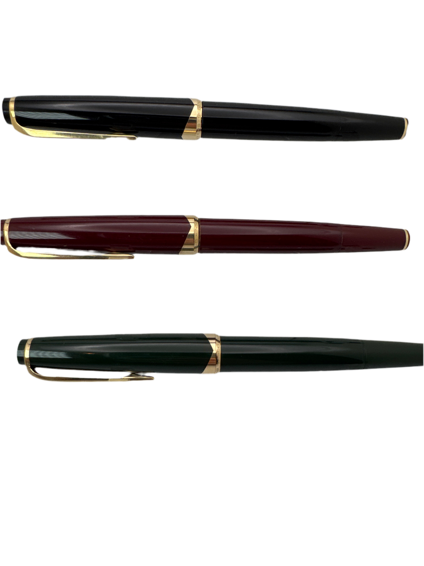 Montblanc 1960s No 12 set of three fountain pens. Burgundy, Green and Black