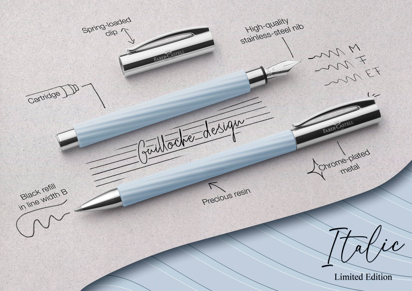 Faber Castell Ambition Italic Ice Blue Fountain Pen: Fine