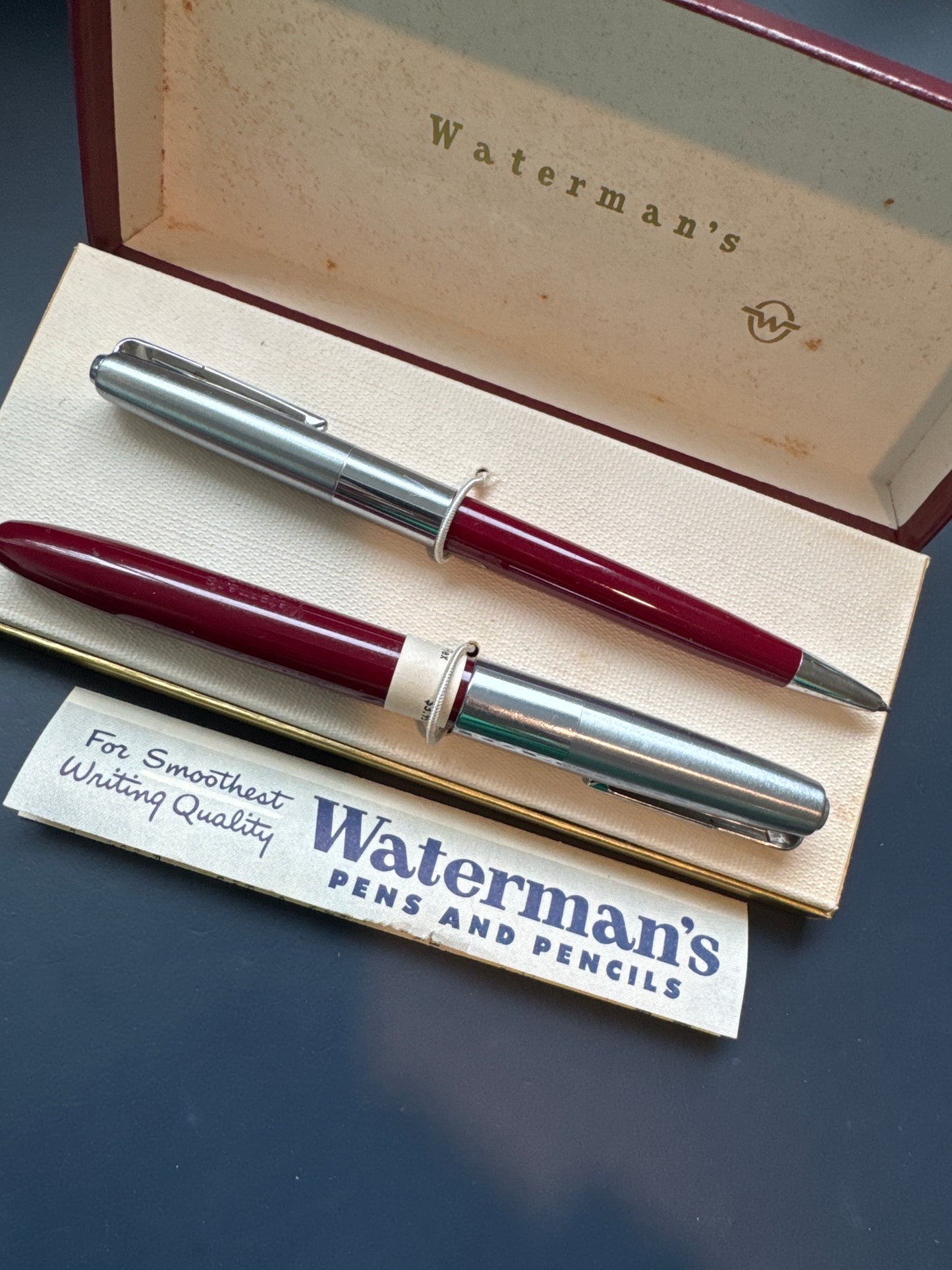 Waterman 376 Fountain Pen and P376 pencil set Red and Chrome(1950s)NOS