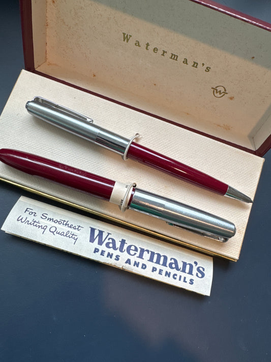 Waterman 376 Fountain Pen and P376 pencil set Red and Chrome(1950s)NOS