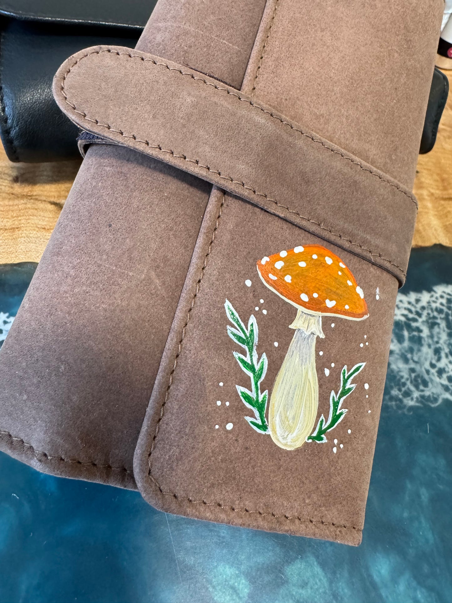 Mushroom Custom Painted Leather Pen Wrap